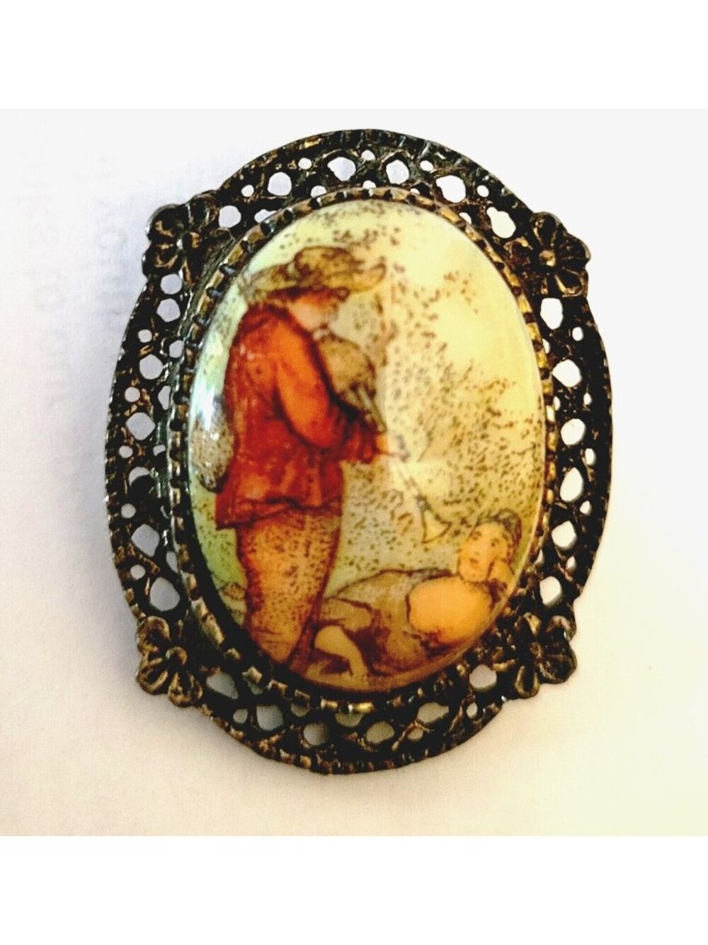 Courting Couple Ceramic Cabochon Brooch Openwork Antiqued Brass Finish Oval Pin